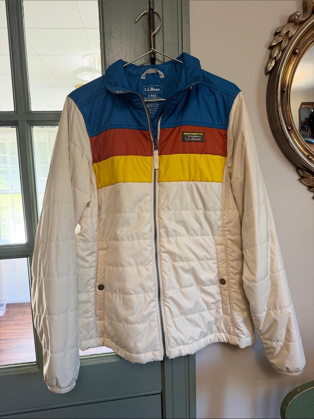 L.L. Bean Kids Cream Puffer Jacket with Blue, Red & Yellow Colorblock